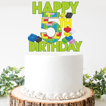 Happy 5th Birthday Building Block Cake Topper - Puzzle Games Boy's 5th Birthday Party Green Cake Topper Supplies - Building Block Party Decoration For Boy