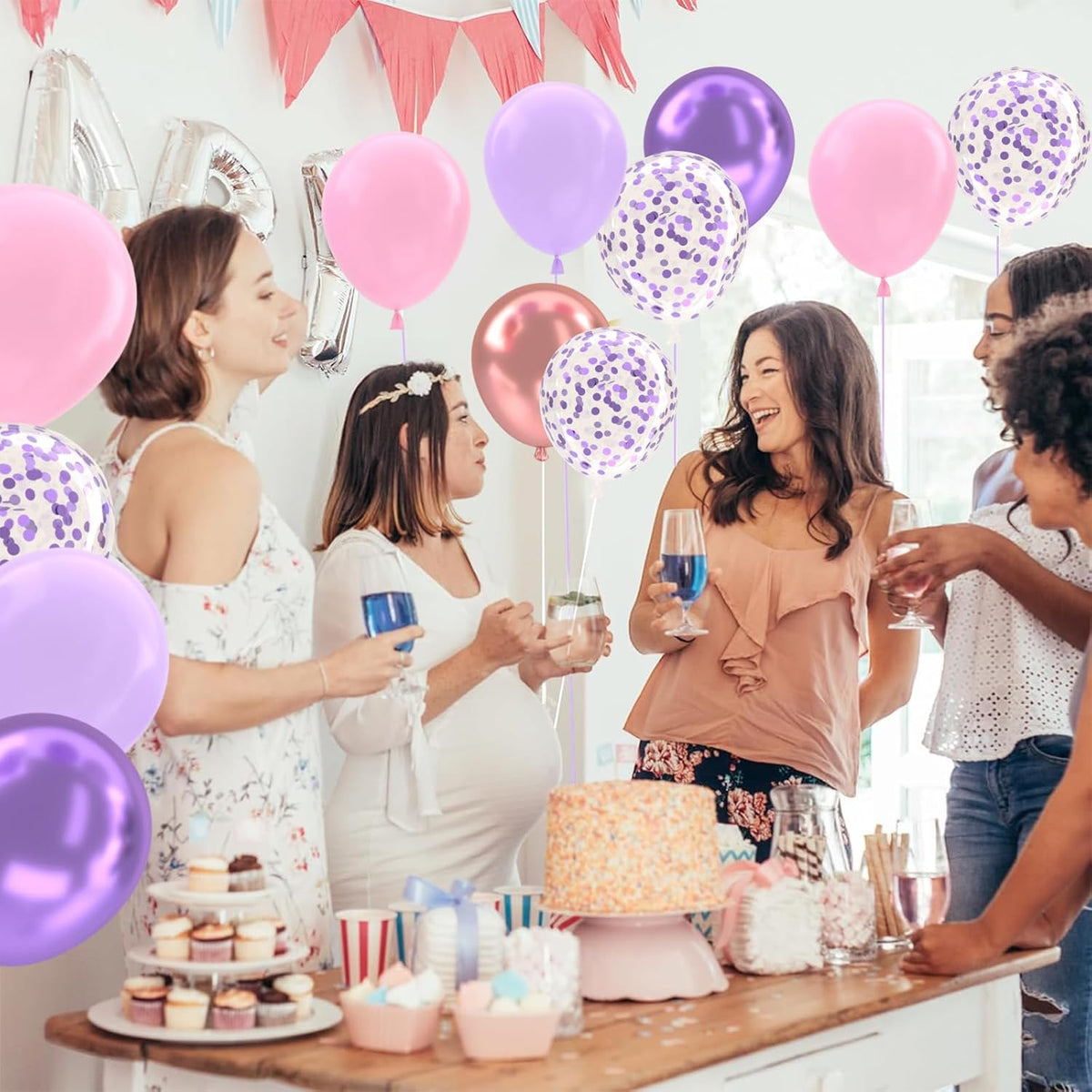 Patimate Purple and Pink Balloons Set, 50 pcs 12 inch Metallic Rose Gold Purple Pastel Pink Purple Confetti Latex Balloons Kit for Girl Birthday Baby Shower Wedding Party Decorations
