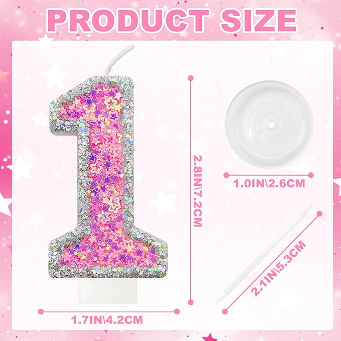 Number 1 Birthday Candle for Cake – Silver Glitter Edge with Pink Star Confetti – Decorative Number Cake Topper for Anniversary & Celebration Party Decor
