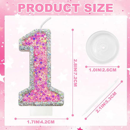 Number 1 Birthday Candle for Cake – Silver Glitter Edge with Pink Star Confetti – Decorative Number Cake Topper for Anniversary & Celebration Party Decor