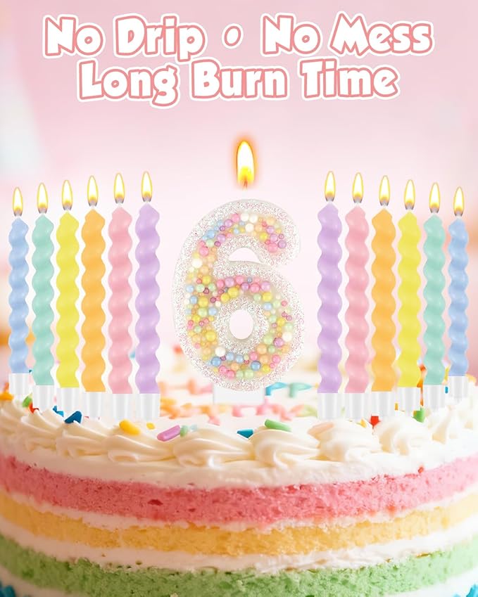 Birthday Candles for Cake, Pink Number Candles, Cake Candles with Greeting Card for Birthday Party Wedding Anniversary Celebrations（6 Candle,White Number Macaron）
