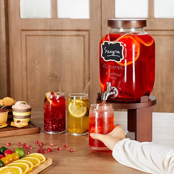 1 Gallon Drink Dispenser for Parties,Glass Beverage Dispenser with Stand,Water Dispenser with 18/8 Stainless Steel Spigot,Lemonade Stand Dispenser for Fridge,Juice,Punch,Cocktails,Ice Tea & Sun Tea