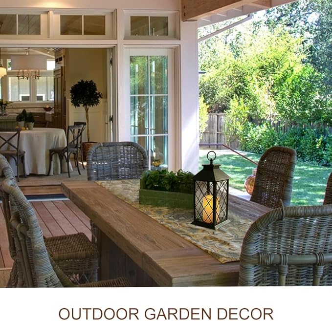 13.5" Outdoor Candle Lantern Decorative with LED Pillar Candle Battery Powered (Distressed Gold, 6hr Timer) - IP44 Waterproof Decorative Tabletop Lanterns Hanging Lanterns Indoor Outdoor