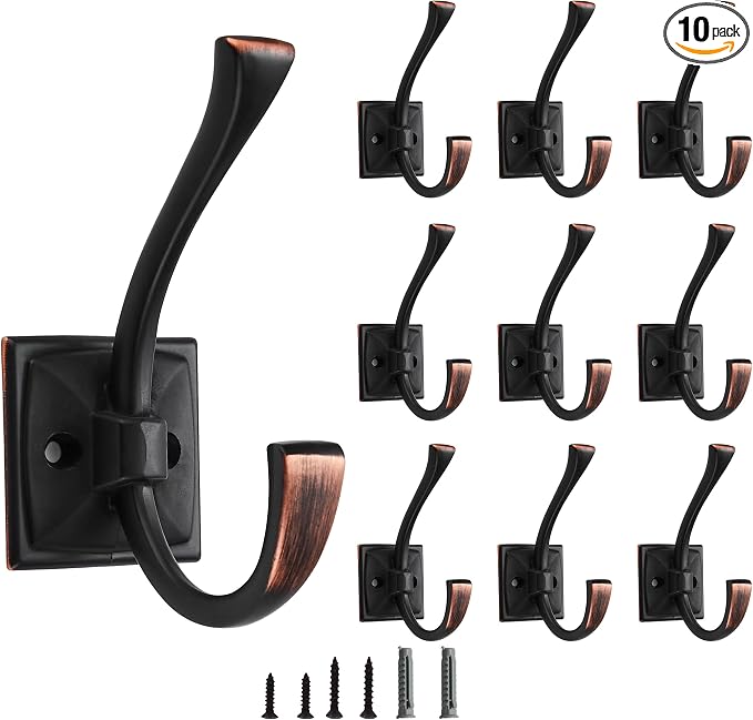10 Pack Decorative Heavy Duty Towel Hooks for Hanging Robe Double Oil Rubbed Bronze Coat Hooks Wall Mounted with Screws for Key, Towel, Bags, Cup, Hat