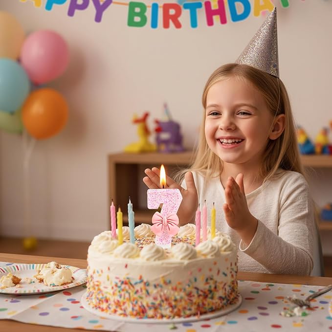 Number 7 Birthday Candle, Pink Bow Birthday Candles, Glitter Candle Cake Topper, Happy Birthday Cake Decoration Gifts, Anniversary Party Supplies for Girl