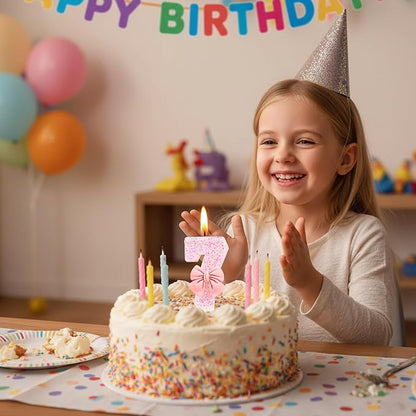 Number 7 Birthday Candle, Pink Bow Birthday Candles, Glitter Candle Cake Topper, Happy Birthday Cake Decoration Gifts, Anniversary Party Supplies for Girl