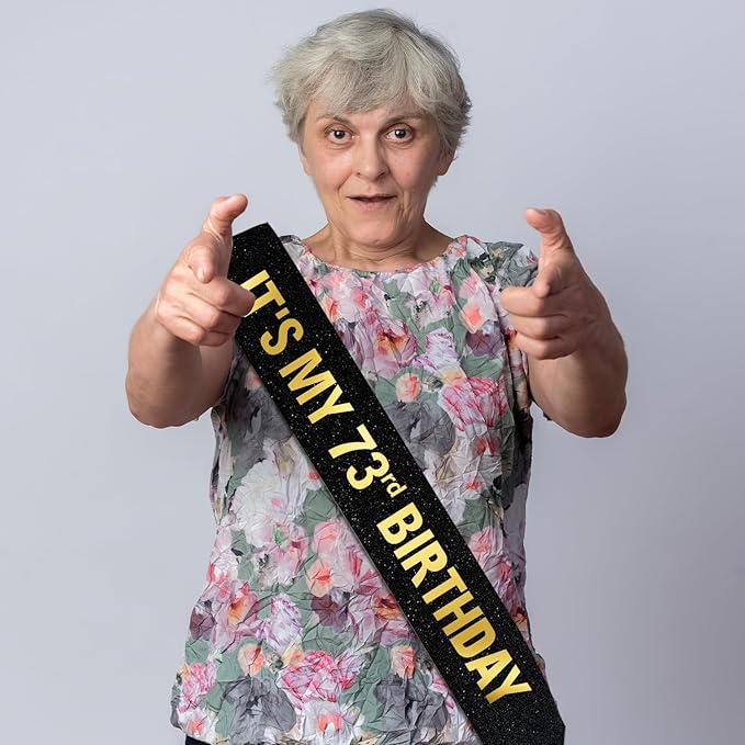 It's My 73rd Birthday Sash for Men Women, Black Glitter Sash with Gold Foil