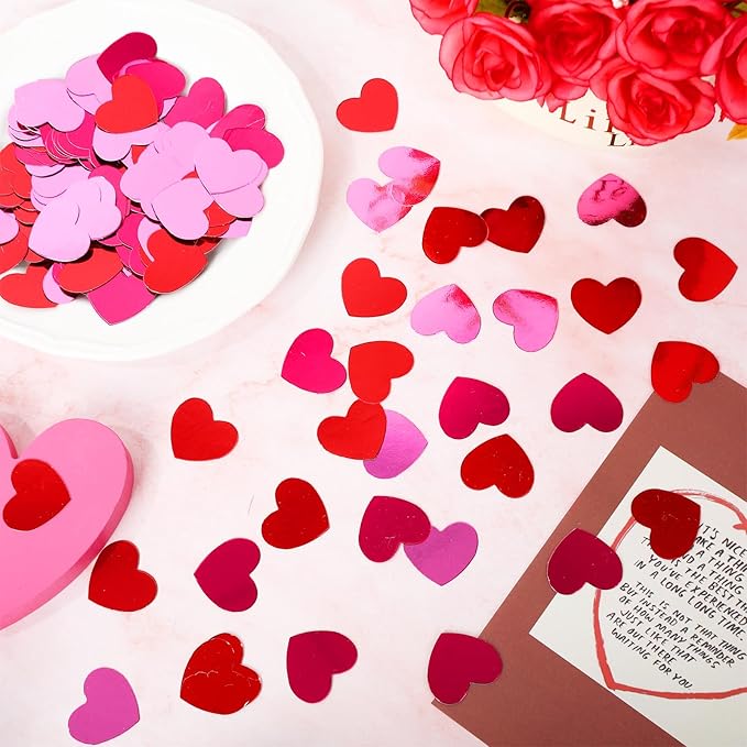 Whaline 300Pcs Heart Confetti Valentine's Day Table Decoration Gliiter Pink Red Heart Shaped Metallic Foil Scatter Table Centerpiece for Wedding Anniversary Party Decoration