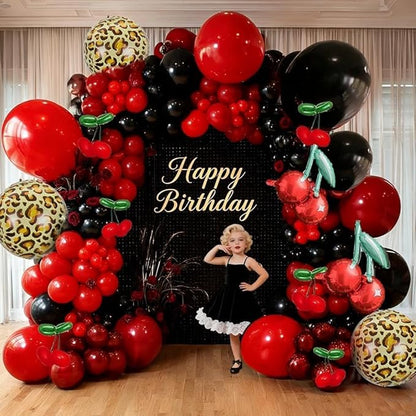 Red Black Balloon Arch Kit Double Stuffed Burgundy Black Maroon Balloon Garland Cherry Cheetah Print Balloons for Birthday Bridal Baby Shower Bachelorette Graduation Party Decorations