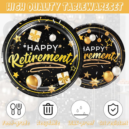 141pcs Retirement Party Decorations,Black Gold Party disposable tableware Includes Dinner Plate Dessert Plate Paper Napkin Cup Knife Fork Straws Tablecloth Black Gold Retirement Supplies set