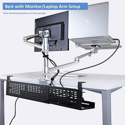 AEONS Under Desk Cable Management Tray Kit - Horizontal Adjustable up to 41” Removable C Clamp Mount Reversible Computer Cord Raceway and Modesty Panel for Large Table, Black