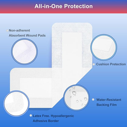 25Pcs Island Dressing Bordered Gauze 4"x10", Water-Resistant Large Adhesive Bandages, Absorbent Wound Dressing Pads Bandages Large Wound Care
