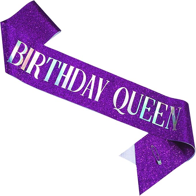 MGJSRNH Birthday Queen Sash,Purple Glitter Satin with Silver Iridescence Foil Sash for Women Girls,Party Decorations Supplies for Sweet 13, 18, 21,30,40,50 or Any Other Bday Party