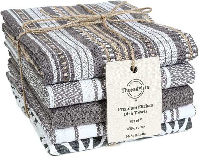 Assorted Kitchen Towels 100% Cotton Large 16x26 Inch Set of 5 - Soft Highly Absorbent Durable Reusable - Perfect for Drying Cleaning Everyday Kitchen Use - Quick Drying Dish Towels Grey