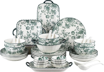 36-Piece Ceramic Dinnerware Set, Service for 6, Vintage Green Rose Floral Plates and Bowls Sets, Microwave & Dishwasher Safe, Porcelain Dinnerware Set for Kitchen & Dining