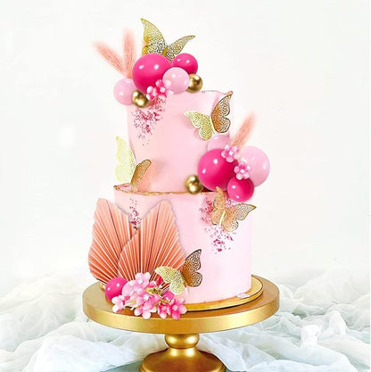 MEMOVAN Hot Pink Gold Balls Cake Toppers Flower Boho Cake Topper Balls Birthday Cake Decorations with Palm Leaves for Girl Bohemian Hot Pink Princess Theme Wedding Baby Shower Birthday Party-29PCS