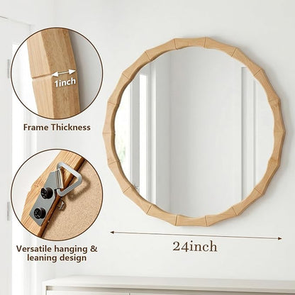 Round Bamboo Frame Mirror with Wavy Edge, 24-inch Vintage Wood Finish Hanging Wall Mirror for Bathroom, Bedroom, Living Room & Entryway