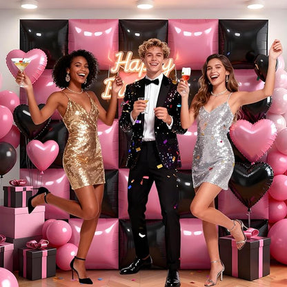 50Pcs Pink and Black Square Foil Balloons Wall Backdrop, Double Sided Metallic Foil Balloons Tunnel Arch Garland Kit for Photo Booth Birthday Wedding Halloween Christmas Party Decorations