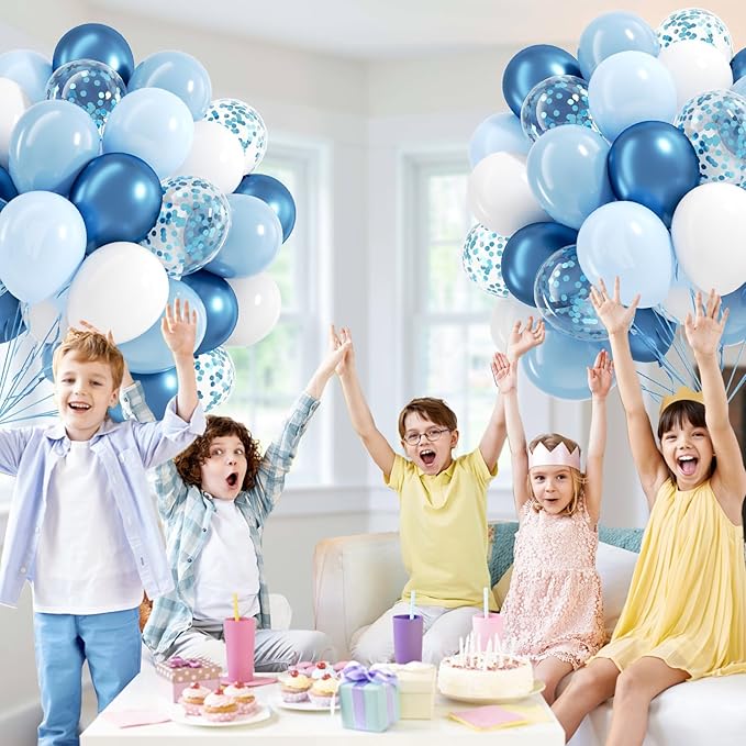 60pcs Blue and White Balloons 12inch with Pastel Pearl Light Blue Confetti White Balloons for Bridal Baby Shower Wedding Birthday Party Decorations