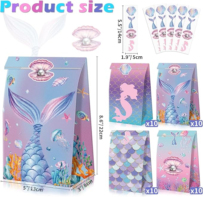 XJLANTTE 40 Pcs Mermaid Goodie Bags - Under The Sea Party Favor Bags with Tail Stickers, Scale Party Bags for Kids Girls Under The Sea Themed Little Mermaid Party Decorations