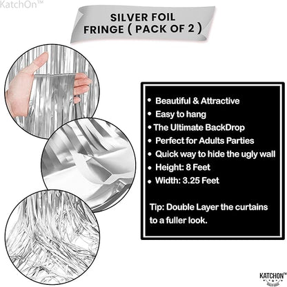 KatchOn, XtraLarge Silver Foil Fringe Curtain - 3.2x8 ft Pack of 2, Streamers Backdrop for Graduation Decorations 2026, Silver Fringe Backdrop for Birthday Decor, Bachelorette party decorations