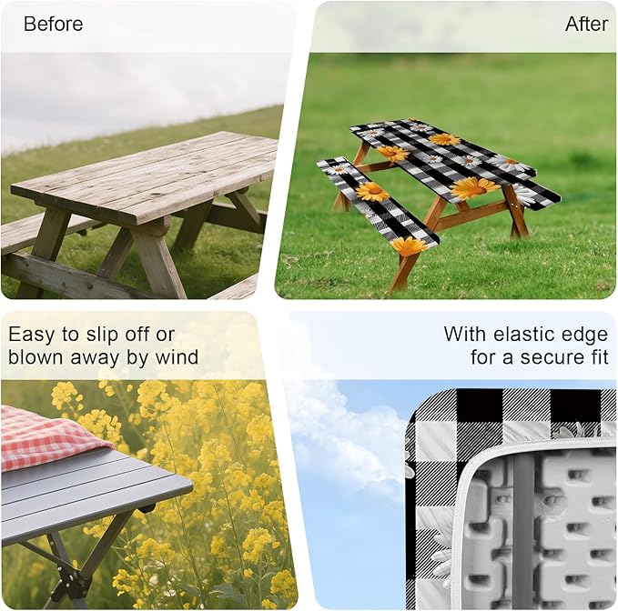 ANNA QUEEN 6FT Sunflower Picnic Table Cover Set 3PCS 72"x30", Waterproof Outdoor Bench and Tablecloth Furniture Protection for Camping Beach BBQ Patio Backyard (Small Flowers)