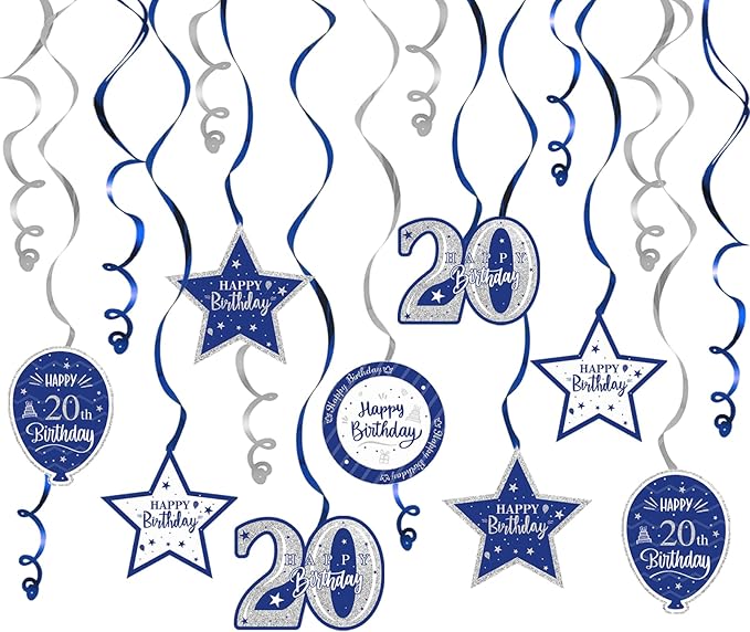 Happy 20th Birthday Blue & Silver Glitter Swirls Streamers Party Decorations - 15 Pcs 20th Birthday Hanging Swirls Streamers Kit,Cheers to Twenty Years Old Bday Party Sign.