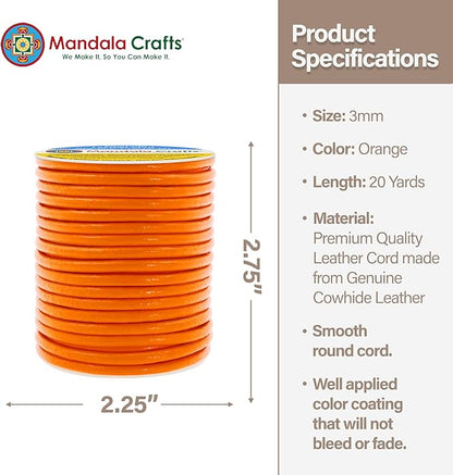 Mandala Crafts Round Genuine Orange Leather Cord for Jewelry Making – 3mm Cowhide Leather Rope String Lace for Kumihimo – 20 Yards Cowhide Craft Cording Spool