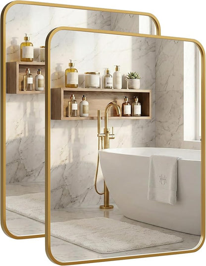 2-Pack 24x30 Inch Antique Gold Bathroom Vanity Mirrors | Flush Mount Deep Set Metal Wall Mirror for Over Sink | HD Shatterproof Glass, Rustproof