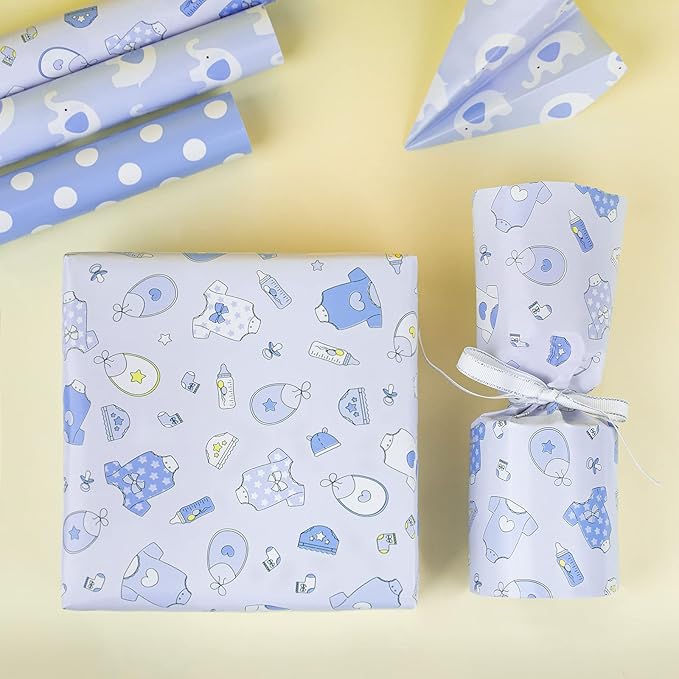 MAYPLUSS Blue Elephant Baby Shower Wrapping Paper - 17" X 120" Per Roll(3 Rolls) - Elegant Welcome Boy Elephant Theme Birthday Gift Wrap Sheet for Baby Shower, Celebration, Party, Newborn