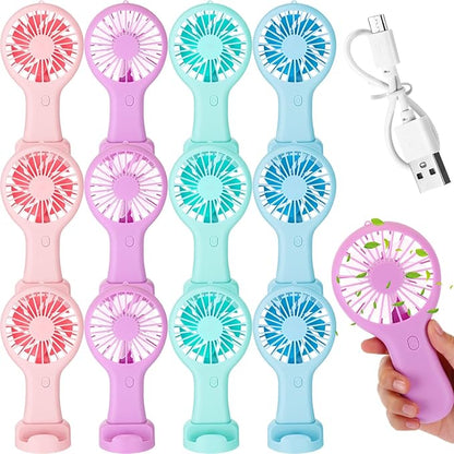 Woanger 12 Pcs Mini Handheld Fan Bulk 3 Speed USB Electric Battery Operated Small Portable Pocket Fan with Data Cable and Mounting Base Quiet Summer Gift for Wedding Travel(Pink Blue Green Purple)
