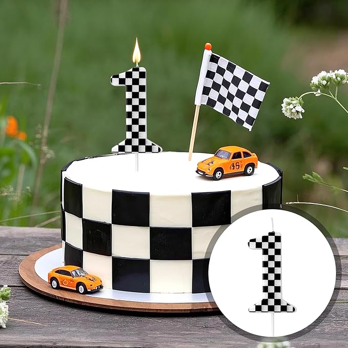 Racing Cars Themed Birthday Candle, Checkered Flag Number Candles Black and White Candles Happy Birthday Cake Topper Party Decorations for Boys Racing Cars Themed Party Supplies (Number 1)