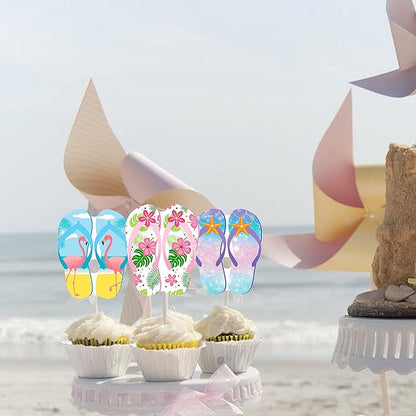 36pcs Beach Flip Flops Cupcake Toppers Summer Beach Party Cupcake Toppers Decorations Pool Decorations Supplies for Summer Birthday Tropical Luau Hawaiian Party Supplies