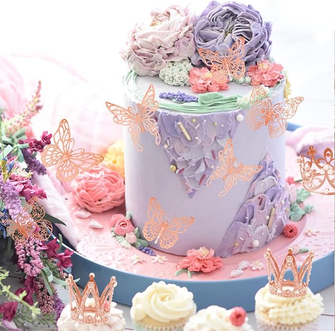 42PCS Crown Cake Topper Mini Tiara with 3D Butterfly Decoration Vintage Pearl Rhinestone Crown Cake Topper Cupcake Topper Cake Decoration for Birthday Wedding Anniversity Party Baby Shower (Rose Gold)