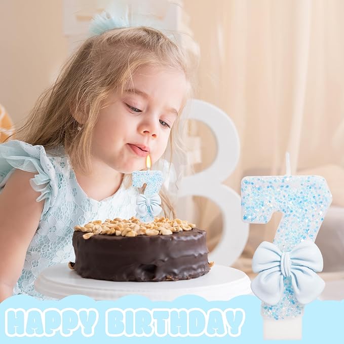 Birthday Candle for Cake, Blue Bow Number Candles, 2.76 inch Number, Cake Topper Decoration for Birthday Party (Number 7)