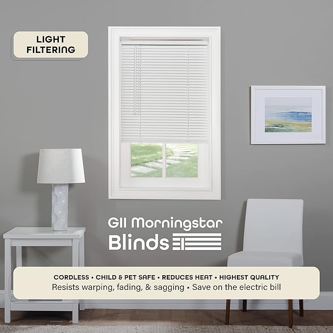 Cordless Light Filtering Mini Blind - 46 Inch Width, 72 Inch Length, 1" Slat Size - Pearl White - Cordless GII Morningstar Horizontal Windows Blinds for Interior by Achim Home Decor