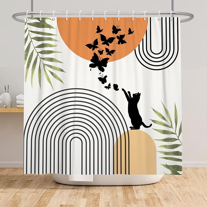 Mid Century Cat Shower Curtain Abstract Boho Geometric Minimalist Black Cat Butterflies Green Leaf Aesthetic Shower Curtain for Bathroom Decoration Accessories with Hooks 72x72 inch