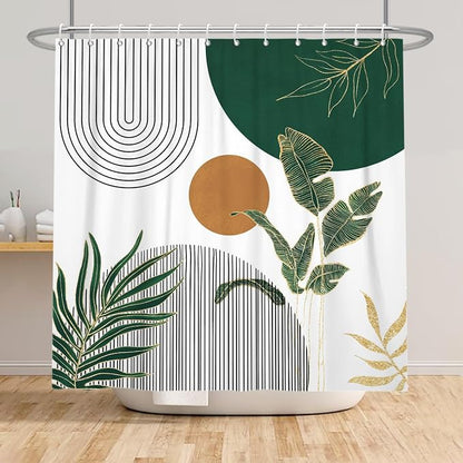 Mid Century Boho Modern Shower Curtain for Bathroom Abstract Sun Arch Geometric Leaves Minimalist Shower Curtain Set Waterproof Polyester Fabric 72x78 Inches