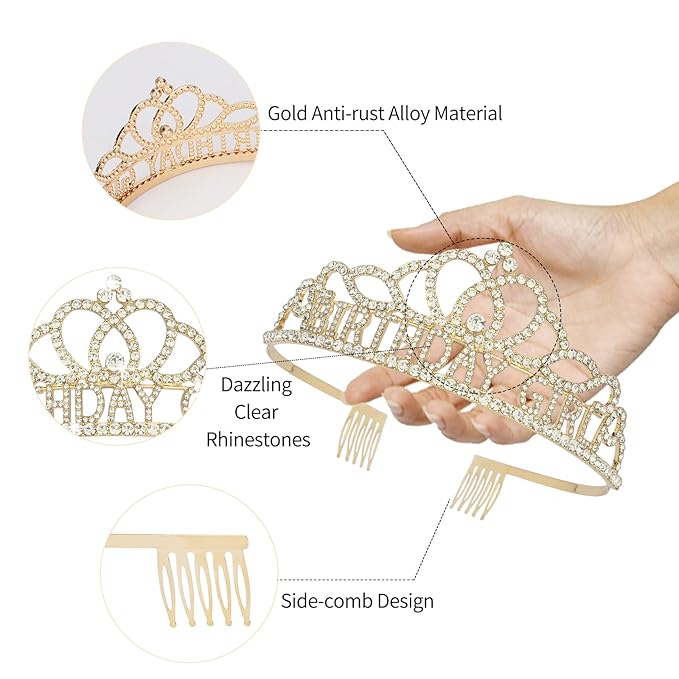 CIEHER Birthday Girl Sash and Birthday Crown Gold Birthday Tiara for Women Birthday Girl Headband Princess Crown Gold Birthday Decorations Birthday Crown and Sash Rhinestone Happy Birthday Accessories