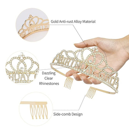 CIEHER Birthday Girl Sash and Birthday Crown Gold Birthday Tiara for Women Birthday Girl Headband Princess Crown Gold Birthday Decorations Birthday Crown and Sash Rhinestone Happy Birthday Accessories