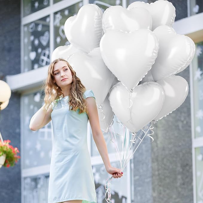 White Heart Foil Balloons, 18 Inch, 12Pcs Large Helium Balloons for Wedding, Birthday, Baby Shower, Bridal, Valentine, Graduation Party Decorations