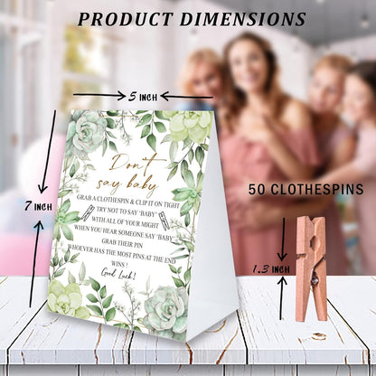 Don't Say Baby Game For Baby Shower Clothespin Game, One 5x7 Coated Paper Sign And 50 Natural Clothespins, Succulent Theme, Gender Neutral -NDSBB28