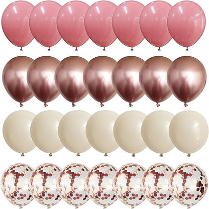Dusty Pink and Rose Gold Balloons, 12In Retro Blush Pink Beige White Balloons with Metallic Rose Gold Confetti Latex Balloons Set for Girls Women Birthday Baby Bridal Shower Wedding Party Decorations