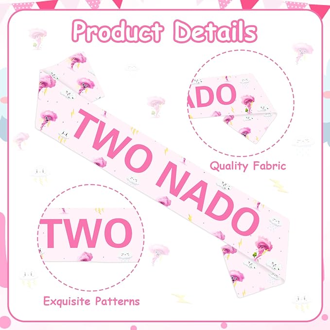 Tornado Birthday Party Decoration Pink Two Nado Birthday Satin Sash Weather Theme Happy Birthday Party Favor for Funny Happy Bday Gift Supply Photo Prop