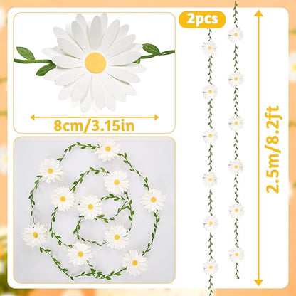 3D Daisy Flower Garland (2PCS) Flower Banner Wildflower Party Decorations Leaves Banner Paper Flower Spring Wedding Backdrop Decor
