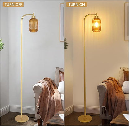LAMSU Glass Floor Lamps for Living Room, Vintage Gold Standing Lamp with LED Bulb, Amber Stripe Glass Shade, Foot Switch, Mid Century Modern Brass Tall Corner Lamp for Bedroom Office Reading Room