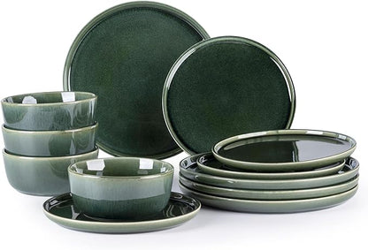 GBHOME Ceramic Dinnerware Sets for 4, 12 Pieces Stoneware Plates and Bowls Sets, Scratch Resistant Dishes, Dishwasher & Microwave Safe, Reactive Glaze-Earth Green