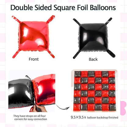 36pcs Red & Black Square Foil Balloons - Double-Sided Mylar Balloon Backdrop Kit for Birthdays, Graduation 2026, New Year, Photo Booth Decor (9.5ft x 9.5ft Checkered Wall/Tunnel)