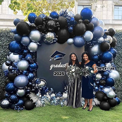 Navy Blue Black Balloon Garland - Double Stuffed Dark Royal Blue Black Balloon Arch Kit with Silver Foil for Birthday Graduation Prom Wedding Baby Shower Party Decoration