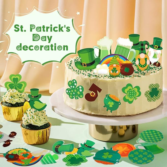 300 Pieces St. Patricks Day Cake Decorations Wafer Paper Cupcakes Topper St. Patricks Day Supplies Wafer Paper Birthday Cake Decor for Saint Patricks Day Theme Party Cake Cupcake Shamrock Gnome